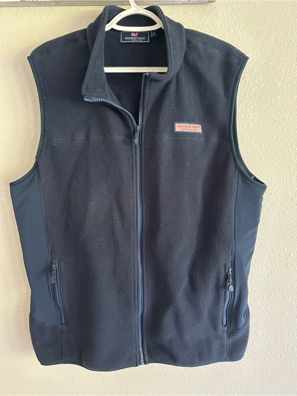 Vineyard Vines Navy Fleece Zip Vest with Pink Whale Logo